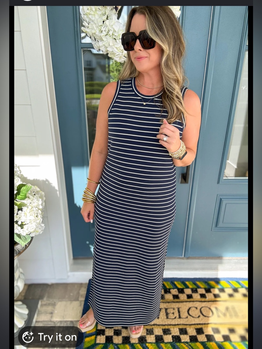 SPANX Navy and White Striped Sleeveless Maxi Dress